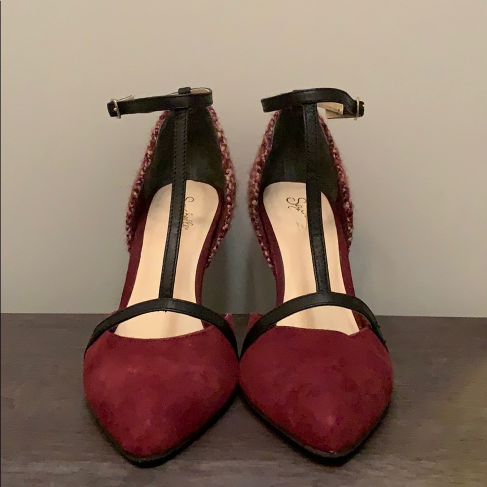 Maroon suede and knit t-strap Seychelles